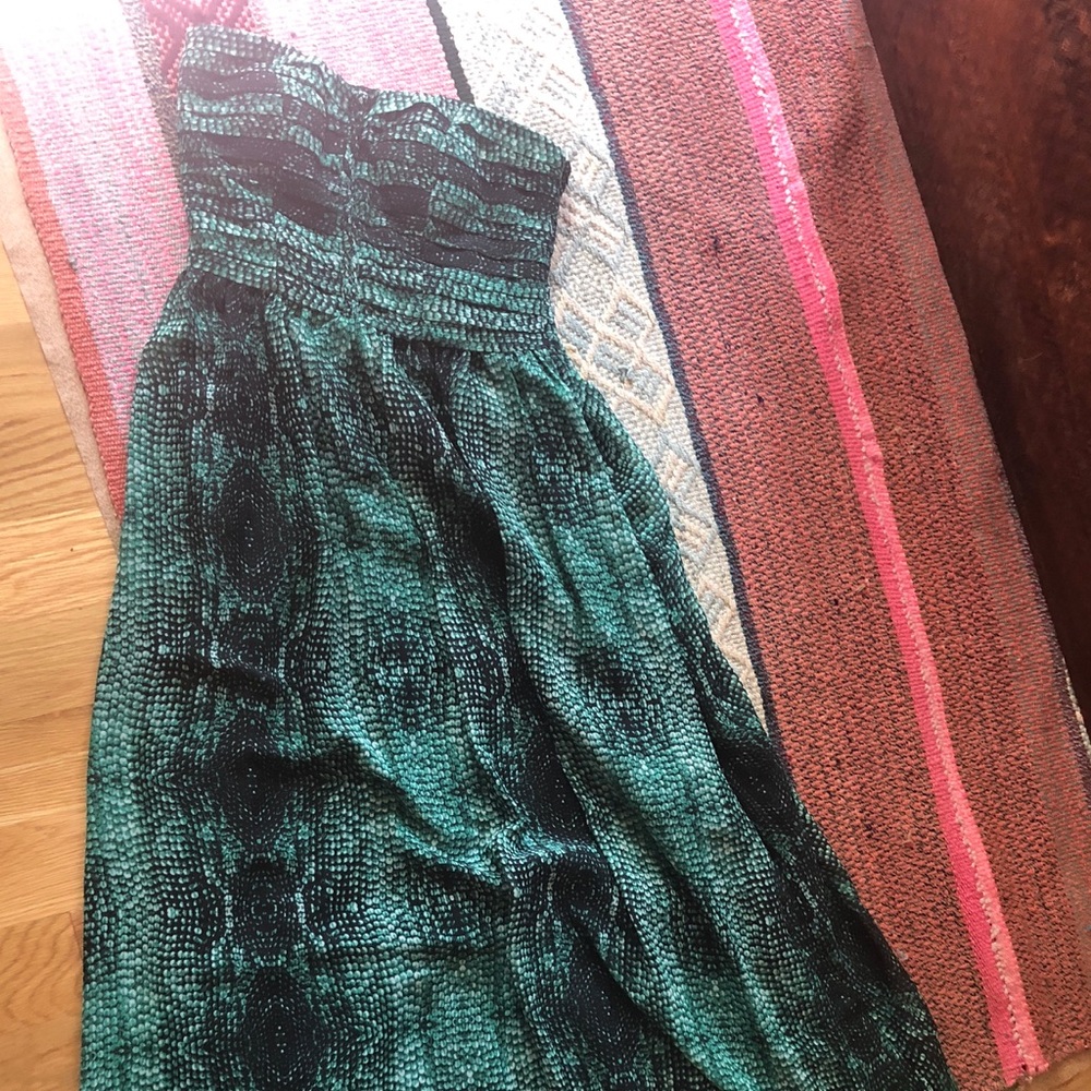 Moulinette Souers Anthropologie printed green sweetheart maxi dress